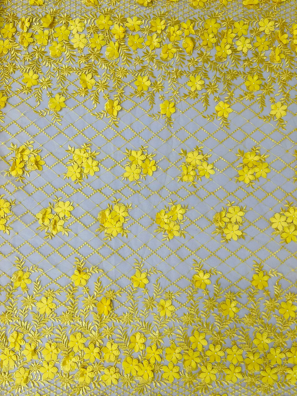 3D Floral Pearl Fabric - Yellow - 3D Triangle Flower Design on Mesh By Yard