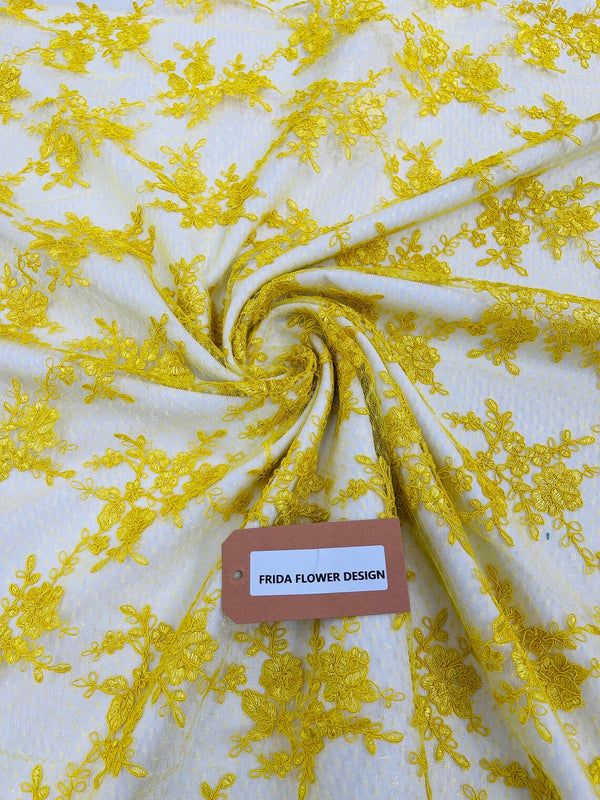 Embroidered Corded Lace Fabric - Yellow - Cluster Fancy Flower Embroidered Lace Fabric By Yard