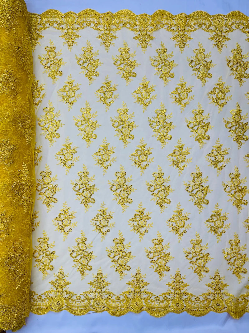 Yellow Floral Lace Fabric - by the yard - Corded Flower Embroidery Design With Sequins on a Mesh