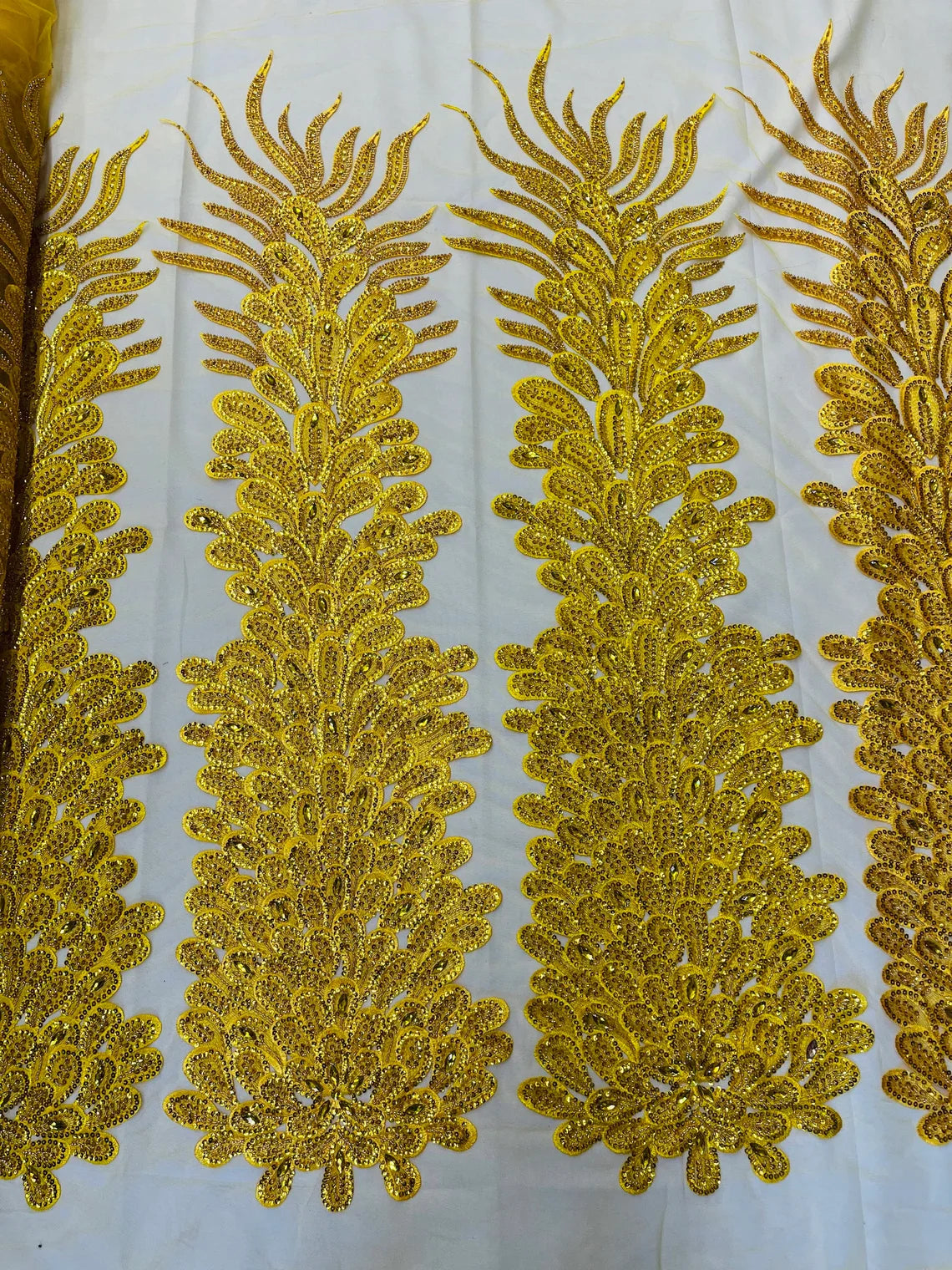 3D Beaded Peacock Feathers - Vegas Design Embroidered Sequins and Beads On a Mesh Lace Fabric - 15 Yard Roll