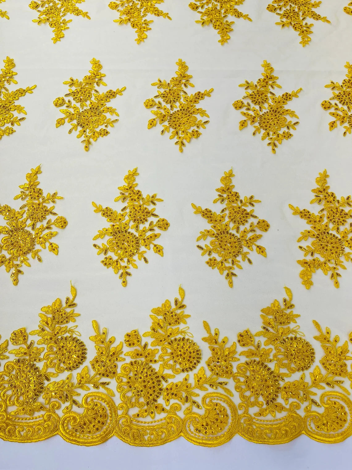 Floral Lace Flower Fabric - Yellow - Floral Embroidered Fabric with Sequins on Lace By Yard