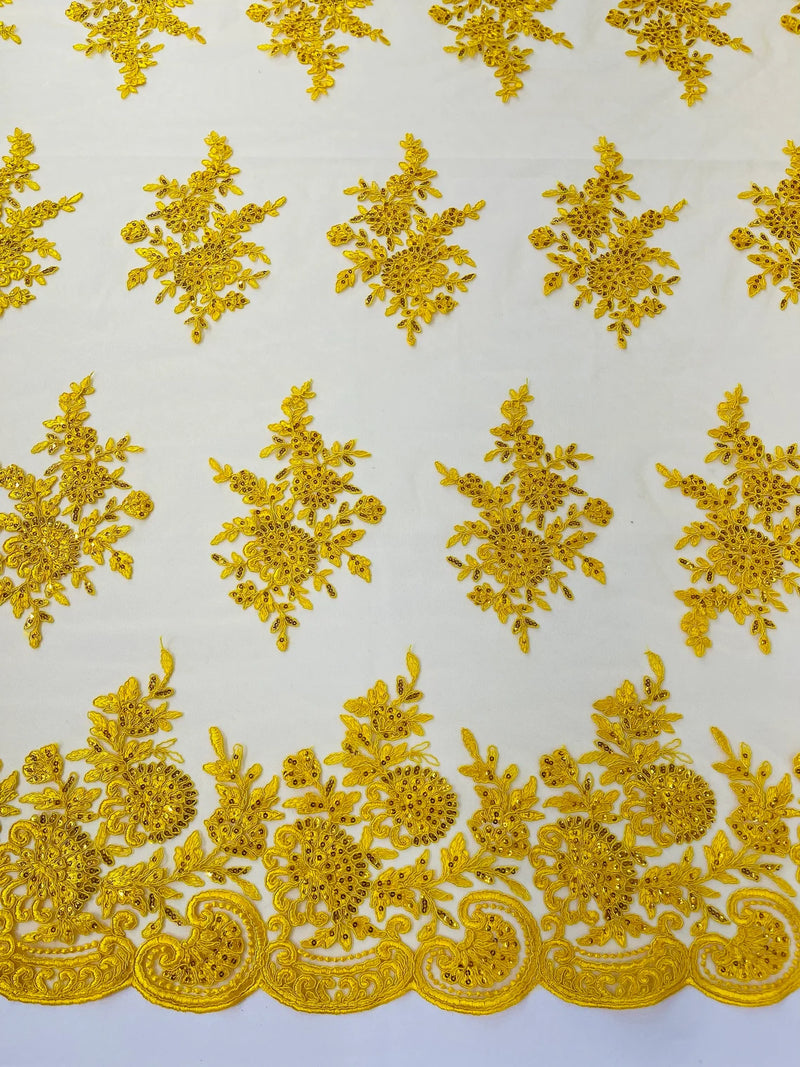 Floral Lace Flower Fabric - Yellow - Floral Embroidered Fabric with Sequins on Lace By Yard