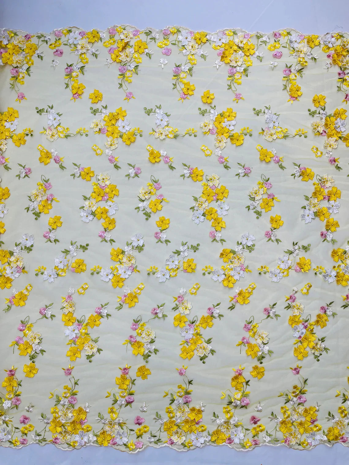 Multi-Color 3D Flower Fabric - Yellow - Multi-Tone 3D Flower Lace Fabrics Sold By Yard