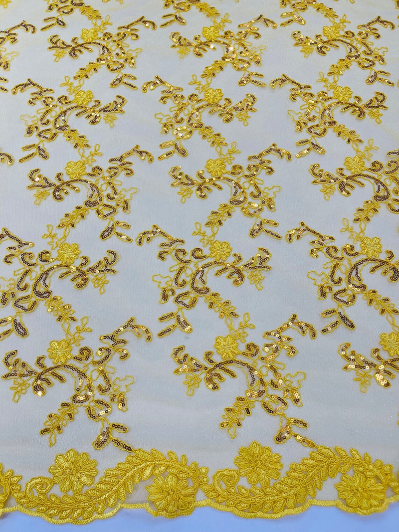 Floral Sequins Lace Fabric - Yellow - Embroidery Flower Clusters Design with Shiny Sequins  Fabric Sold By Yard