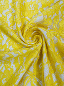 Corded Lace Fabric - Yellow - Embroidered Flower Design Lace Fabric Sold By Yard
