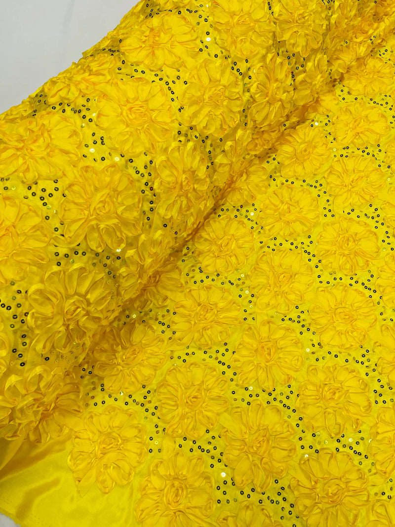 Satin Rosette Sequins Fabric - Yellow - 3D Rosette Satin Rose Fabric with Sequins By Yard
