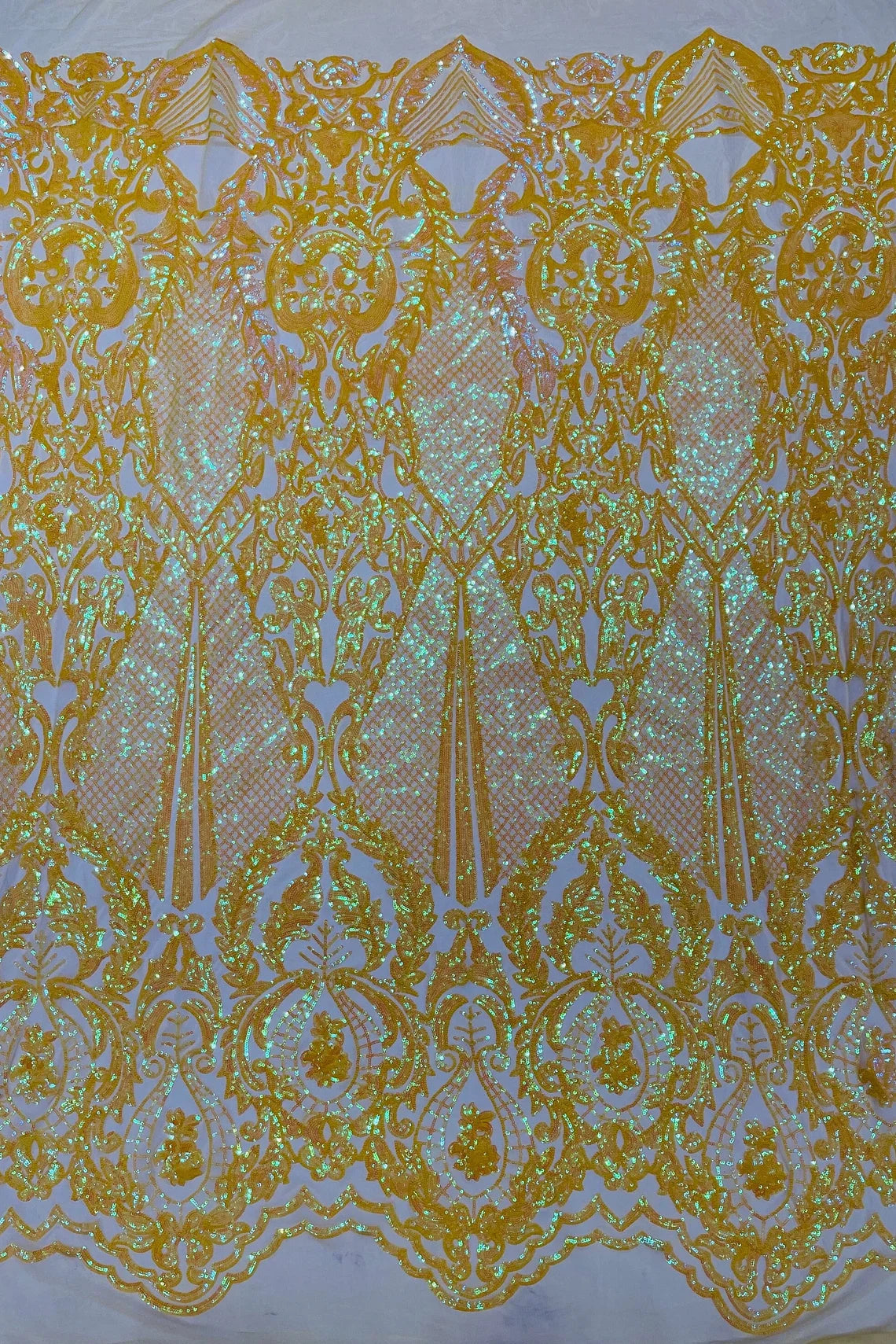 4 Way Stretch Fabric - Yellow - Embroidered Pattern Design Sequins Fabric on Mesh By Yard