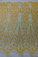 4 Way Stretch Fabric - Yellow - Embroidered Pattern Design Sequins Fabric on Mesh By Yard