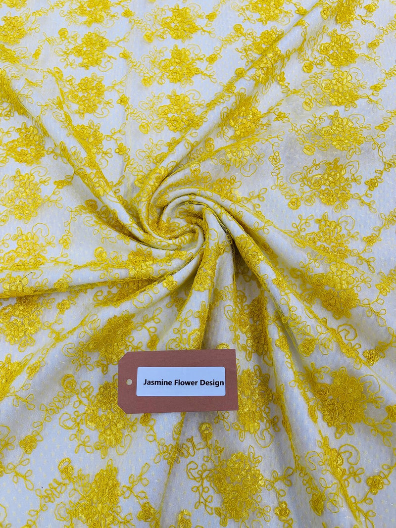 Embroidered Flower Fabric - Yellow - Floral Design Scalloped Border Fabric By Yard