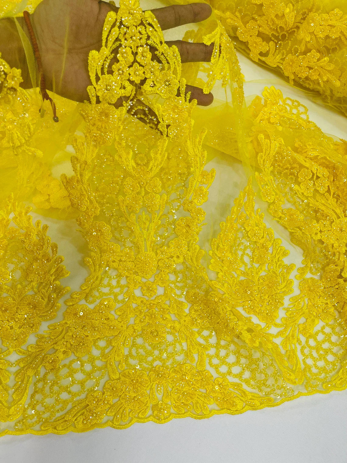 Heavy Bead Floral Fabric - Yellow - Beaded Flower Design Fabric Fancy Border By Yard