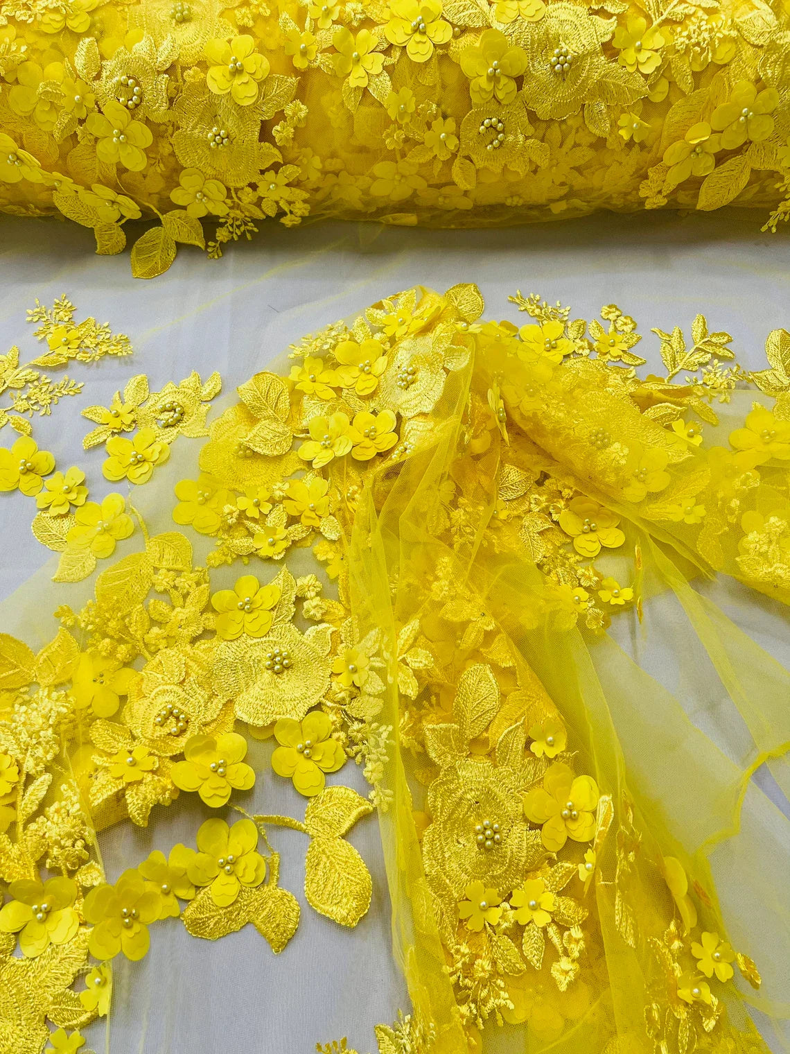 Floral 3D Rose Fabric - Yellow - Embroided Rose Flower Design Fabric Sold by Yard