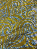 Tribal Swirl Spandex Fabric - Yellow - Hologram Metallic 4-Way Stretch Milliskin Fabric by Yard