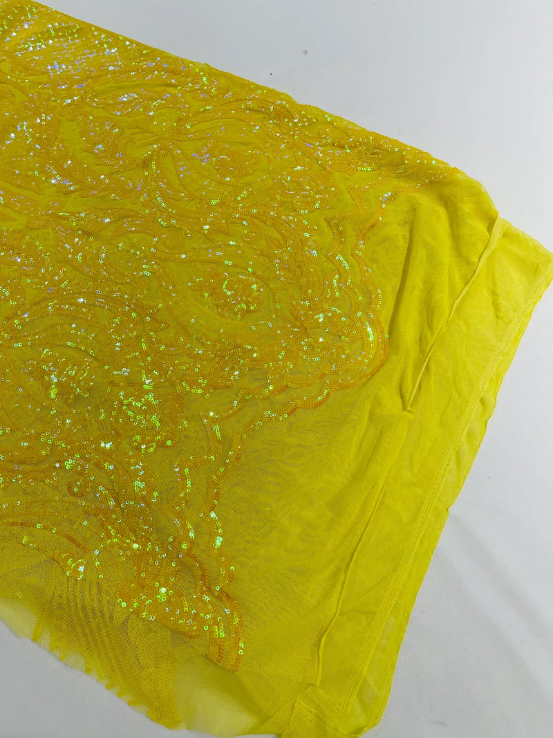4 Way Stretch Fabric - Yellow - Embroidered Pattern Design Sequins Fabric on Mesh By Yard