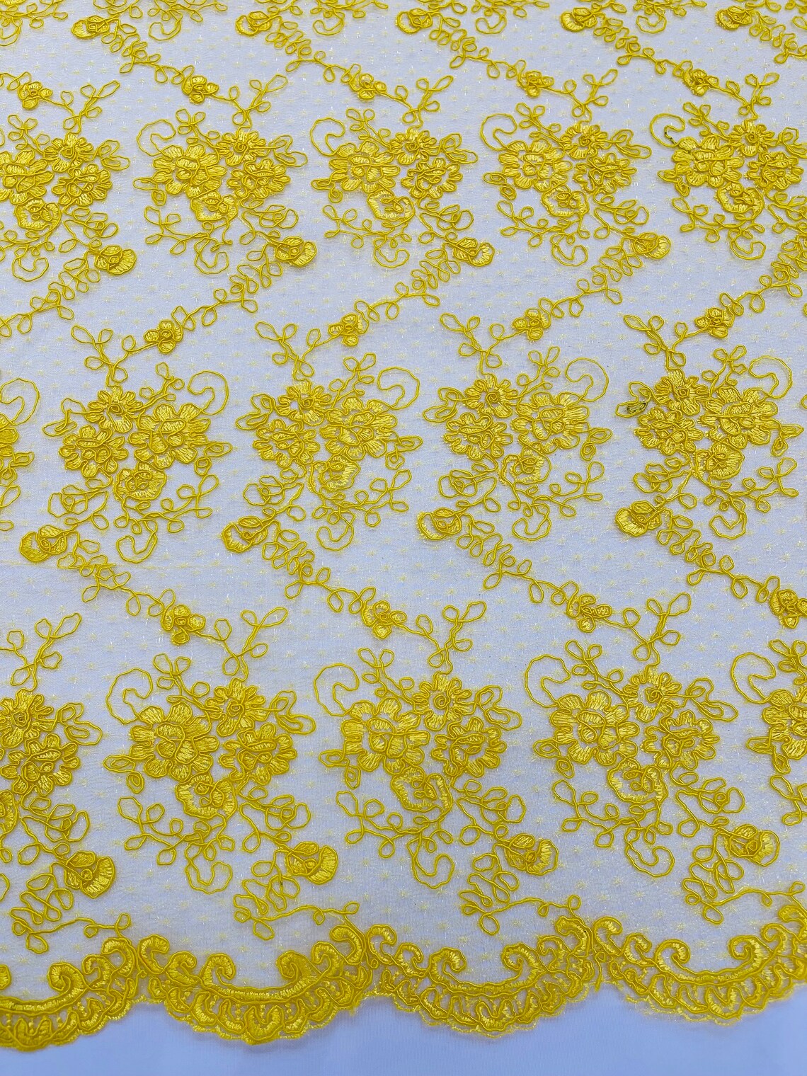 Embroidered Flower Fabric - Yellow - Floral Design Scalloped Border Fabric By Yard