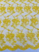 Embroidered Flower Fabric - Yellow - Floral Design Scalloped Border Fabric By Yard
