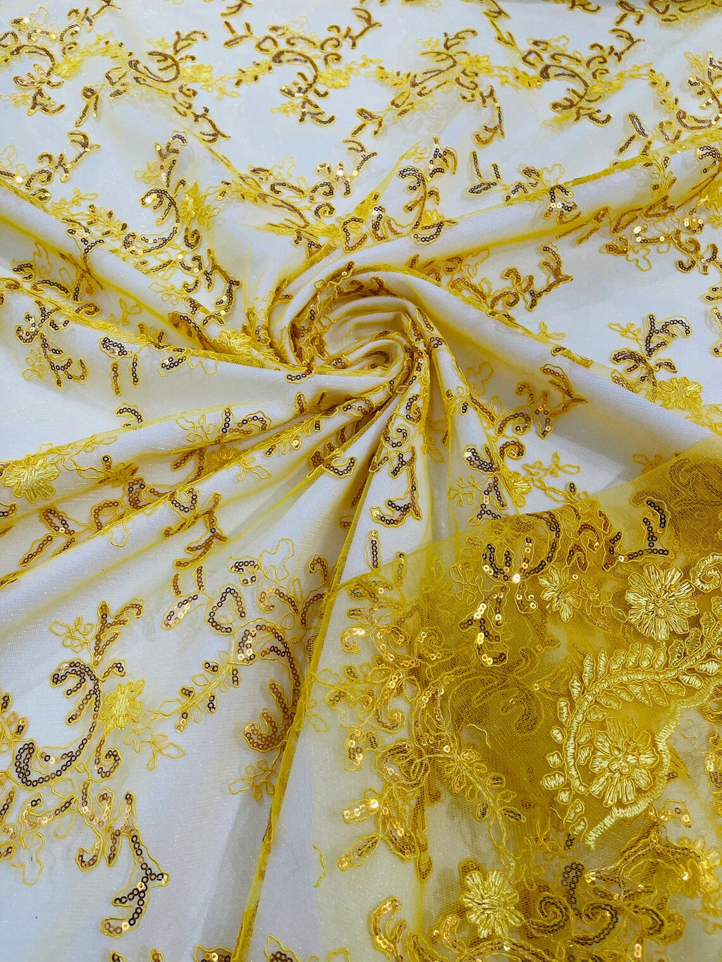 Floral Sequins Lace Fabric - Yellow - Embroidery Flower Clusters Design with Shiny Sequins  Fabric Sold By Yard
