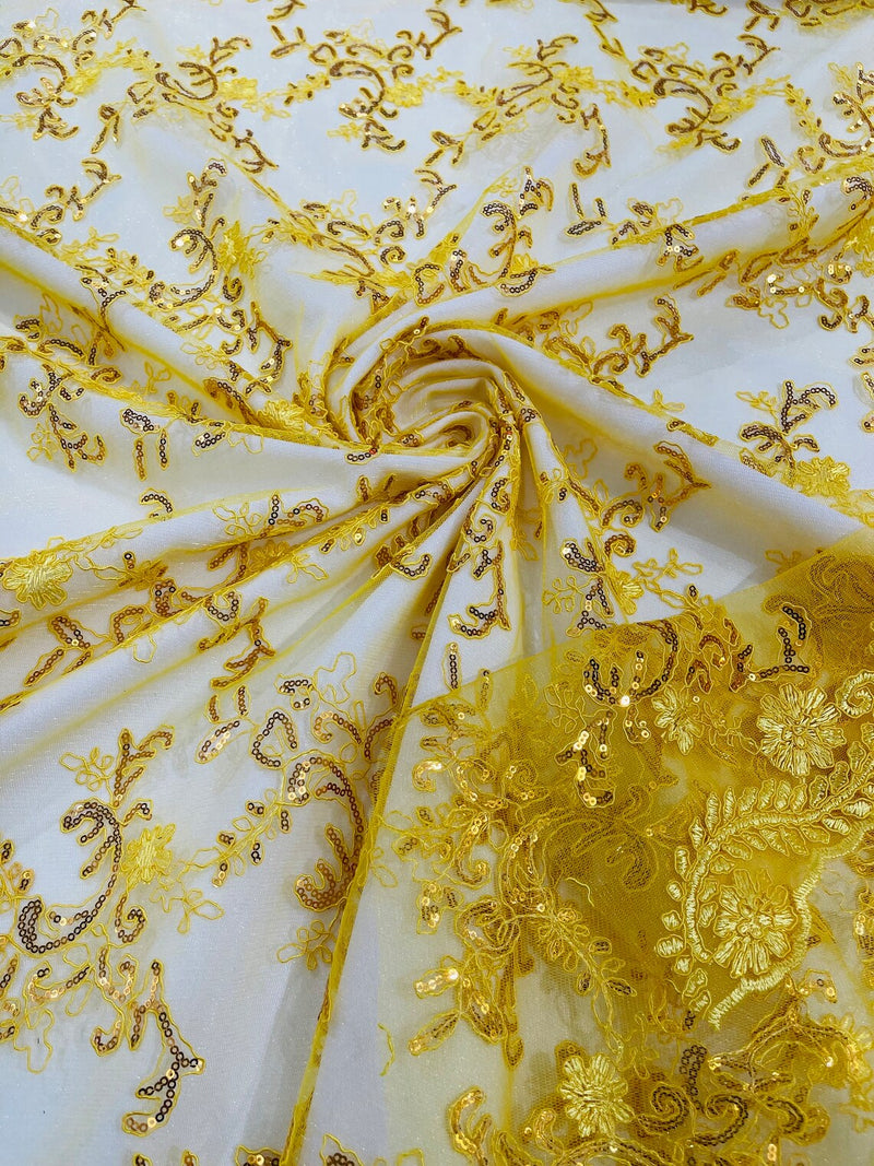 Floral Sequins Lace Fabric - Yellow - Embroidery Flower Clusters Design with Shiny Sequins  Fabric Sold By Yard