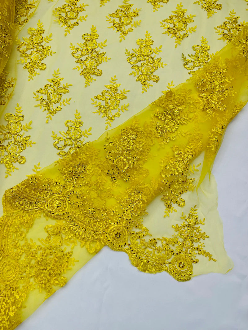 Yellow Floral Lace Fabric - by the yard - Corded Flower Embroidery Design With Sequins on a Mesh