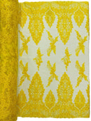 Heavy Bead Floral Fabric - Yellow - Beaded Flower Design Fabric Fancy Border By Yard