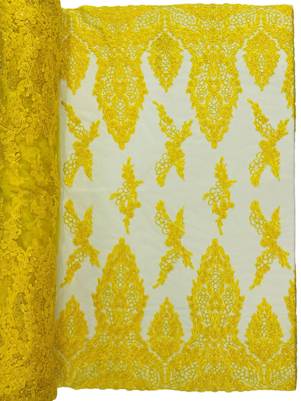 Heavy Bead Floral Fabric - Yellow - Beaded Flower Design Fabric Fancy Border By Yard