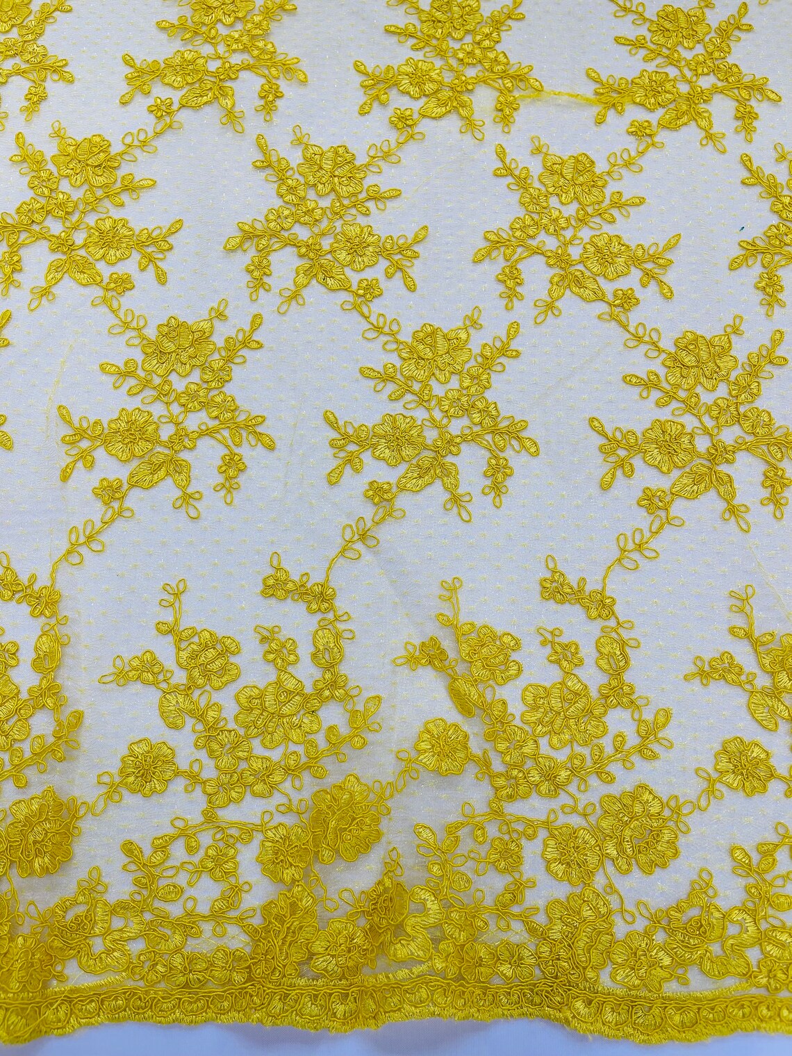 Embroidered Corded Lace Fabric - Yellow - Cluster Fancy Flower Embroidered Lace Fabric By Yard