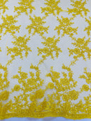 Embroidered Corded Lace Fabric - Yellow - Cluster Fancy Flower Embroidered Lace Fabric By Yard