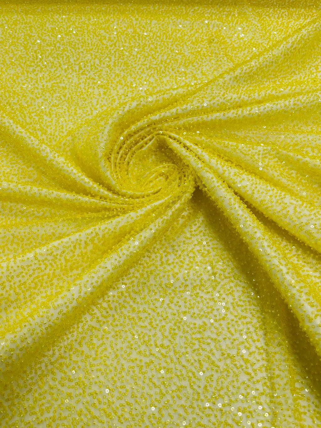 3D Beaded Lace Fabric - Yellow - Heavy Embroidery Handmade Lace, Beaded Fabric By Yard
