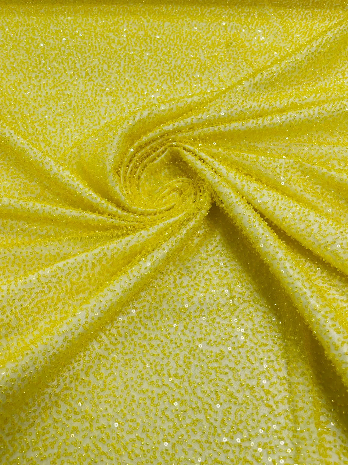3D Beaded Lace Fabric - Yellow - Heavy Embroidery Handmade Lace, Beaded Fabric By Yard