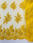 Floral Lace Flower Fabric - Yellow - Floral Embroidered Fabric with Sequins on Lace By Yard