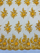 3D Floral Fabric with Floral Border - Yellow - Embroidered Floral Fabric with Sequin and Beads By Yard