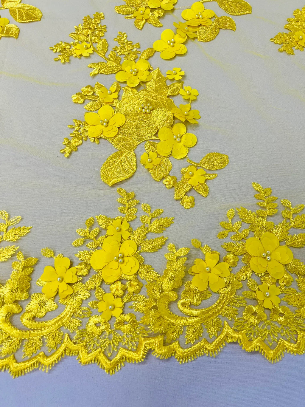 Floral 3D Rose Fabric - Yellow - Embroided Rose Flower Design Fabric Sold by Yard