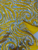 Tribal Swirl Spandex Fabric - Yellow - Hologram Metallic 4-Way Stretch Milliskin Fabric by Yard