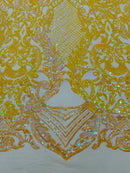 4 Way Stretch Fabric - Yellow - Embroidered Pattern Design Sequins Fabric on Mesh By Yard