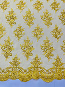 Yellow Floral Lace Fabric - by the yard - Corded Flower Embroidery Design With Sequins on a Mesh