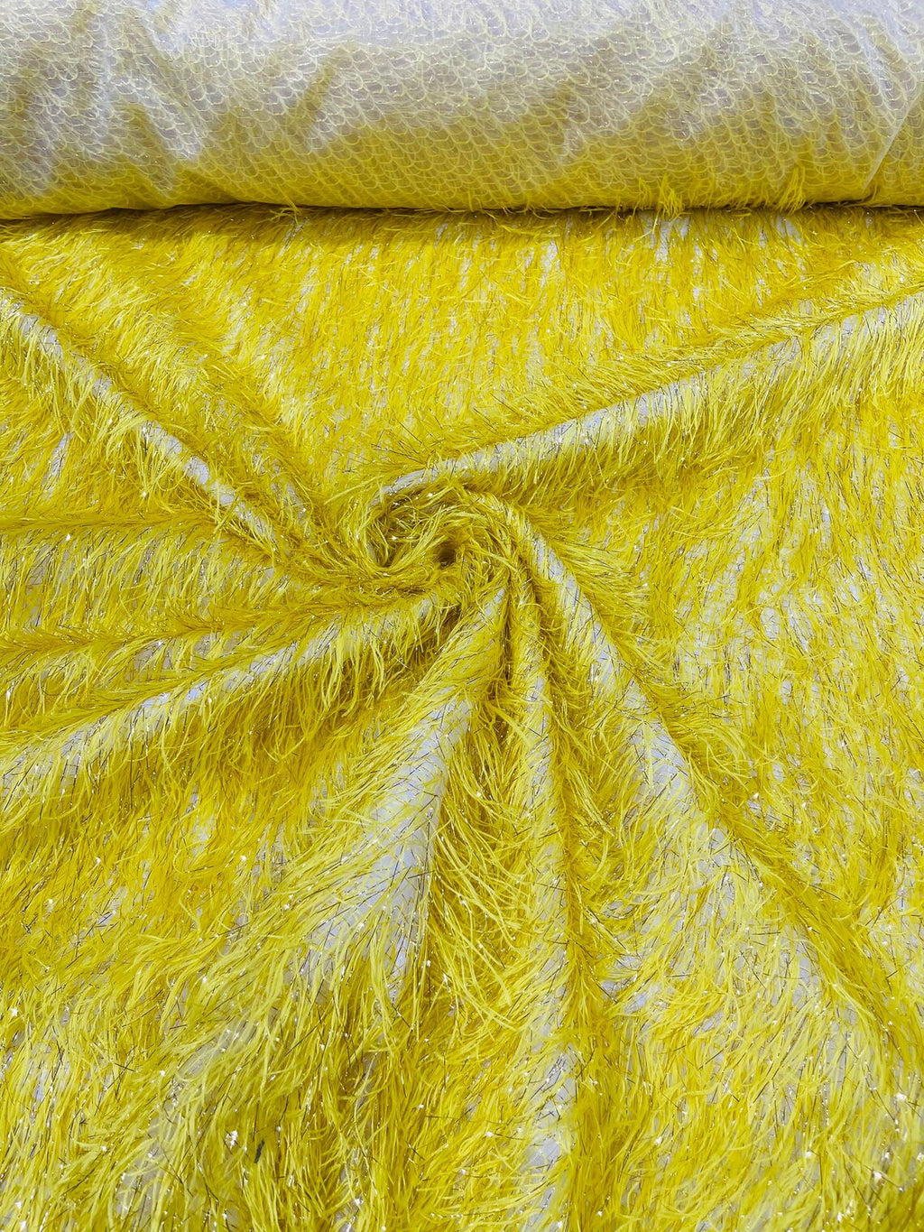 Metallic Eyelash Fabric - Yellow - Feather/Eyelash/Fringe Design on Mesh By Yard