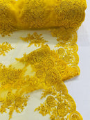 Floral Lace Flower Fabric - Yellow - Floral Embroidered Fabric with Sequins on Lace By Yard