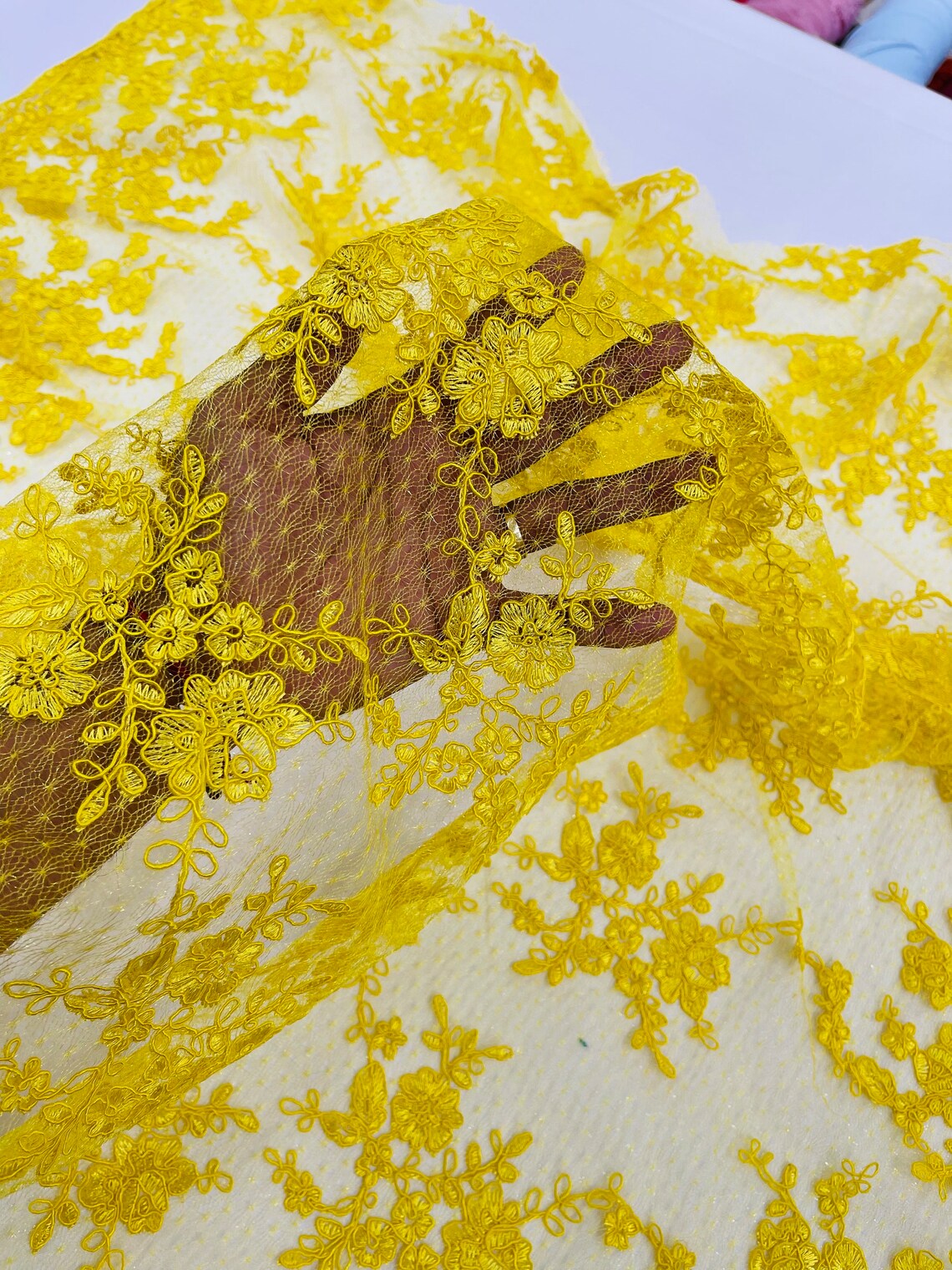 Embroidered Corded Lace Fabric - Yellow - Cluster Fancy Flower Embroidered Lace Fabric By Yard