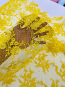 Embroidered Corded Lace Fabric - Yellow - Cluster Fancy Flower Embroidered Lace Fabric By Yard