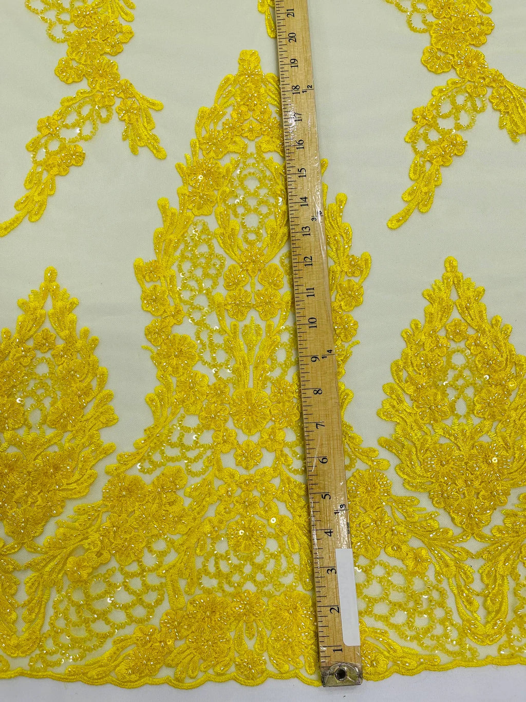 Heavy Bead Floral Fabric - Yellow - Beaded Flower Design Fabric Fancy Border By Yard