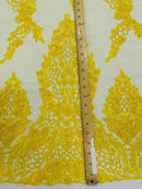 Heavy Bead Floral Fabric - Yellow - Beaded Flower Design Fabric Fancy Border By Yard