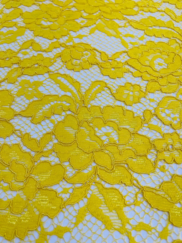 Corded Lace Fabric - Yellow - Embroidered Flower Design Lace Fabric Sold By Yard