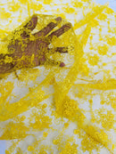 Embroidered Flower Fabric - Yellow - Floral Design Scalloped Border Fabric By Yard