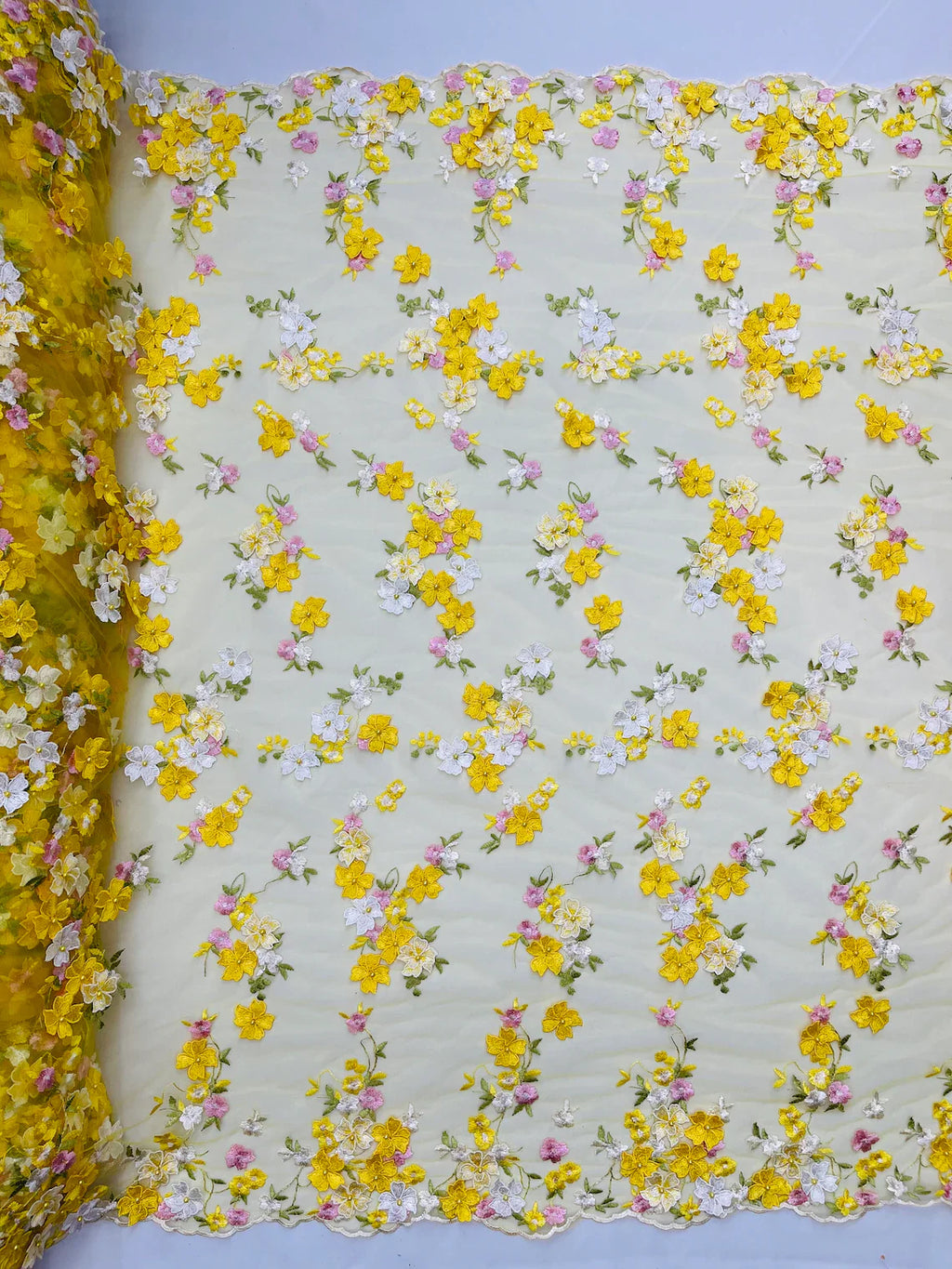 Multi-Color 3D Flower Fabric - Yellow - Multi-Tone 3D Flower Lace Fabrics Sold By Yard