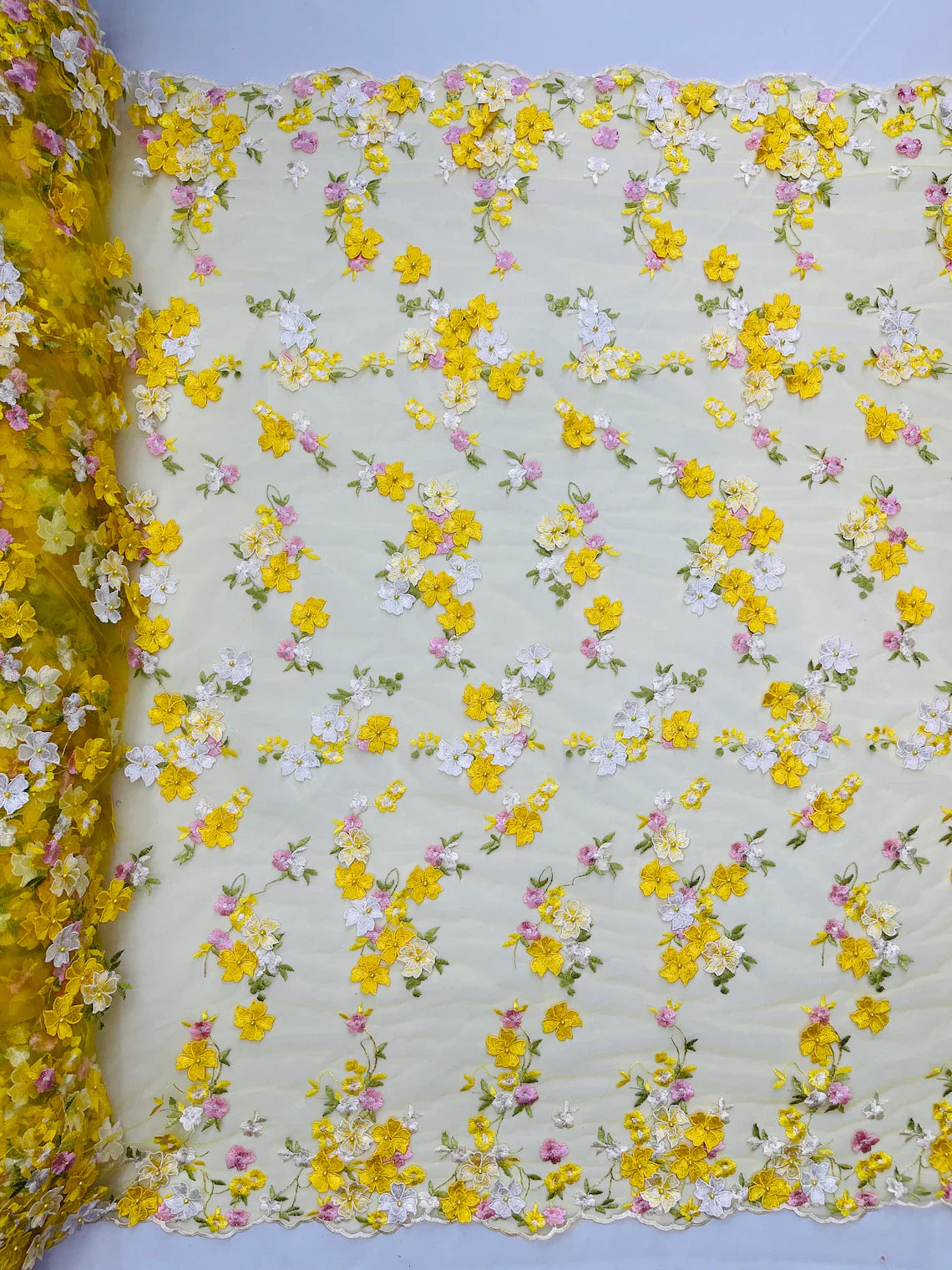 Multi-Color 3D Flower Fabric - Yellow - Multi-Tone 3D Flower Lace Fabrics Sold By Yard