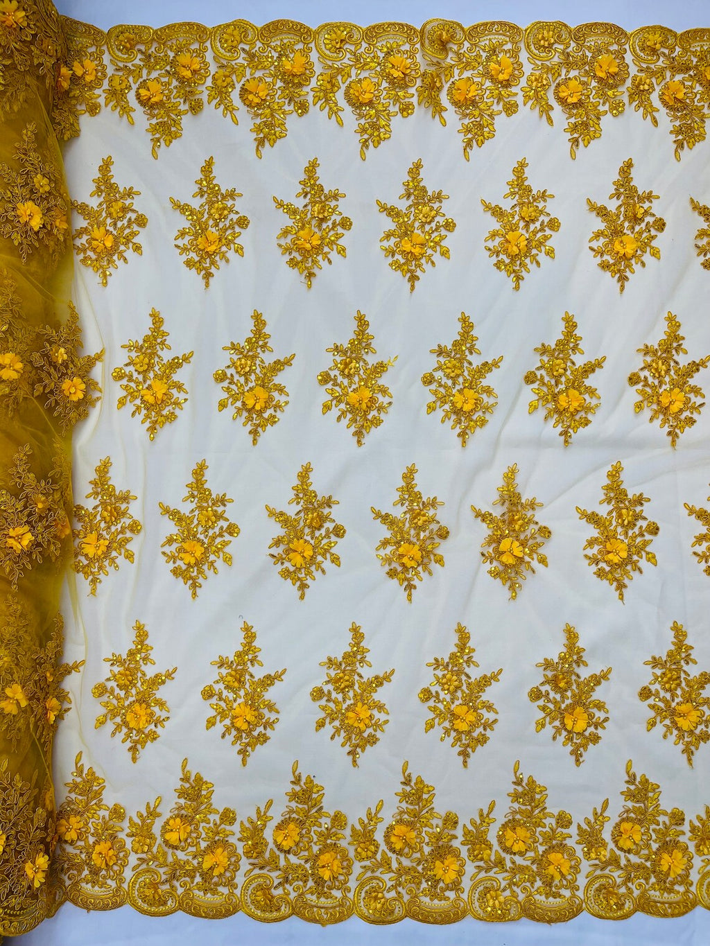 3D Floral Fabric with Floral Border - Yellow - Embroidered Floral Fabric with Sequin and Beads By Yard