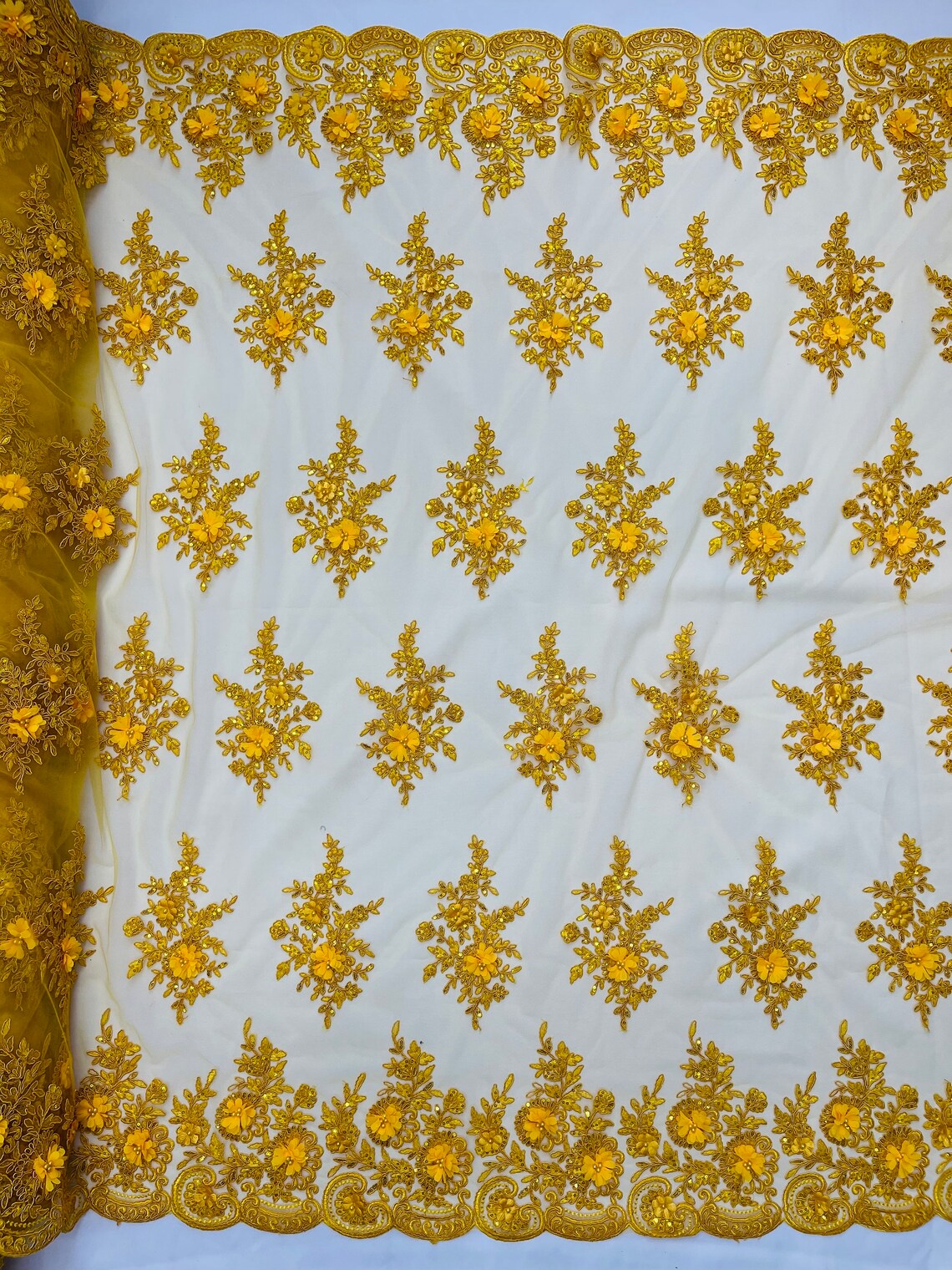 3D Floral Fabric with Floral Border - Yellow - Embroidered Floral Fabric with Sequin and Beads By Yard
