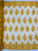 3D Floral Fabric with Floral Border - Yellow - Embroidered Floral Fabric with Sequin and Beads By Yard
