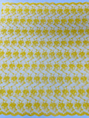 Embroidered Flower Fabric - Yellow - Floral Design Scalloped Border Fabric By Yard