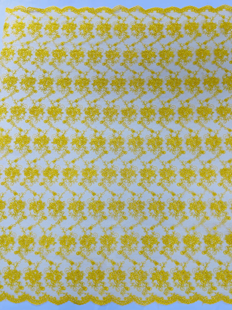 Embroidered Flower Fabric - Yellow - Floral Design Scalloped Border Fabric By Yard