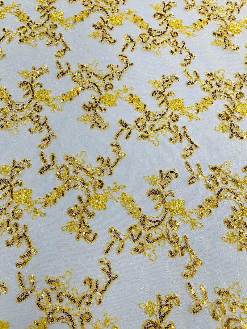 Floral Sequins Lace Fabric - Yellow - Embroidery Flower Clusters Design with Shiny Sequins  Fabric Sold By Yard